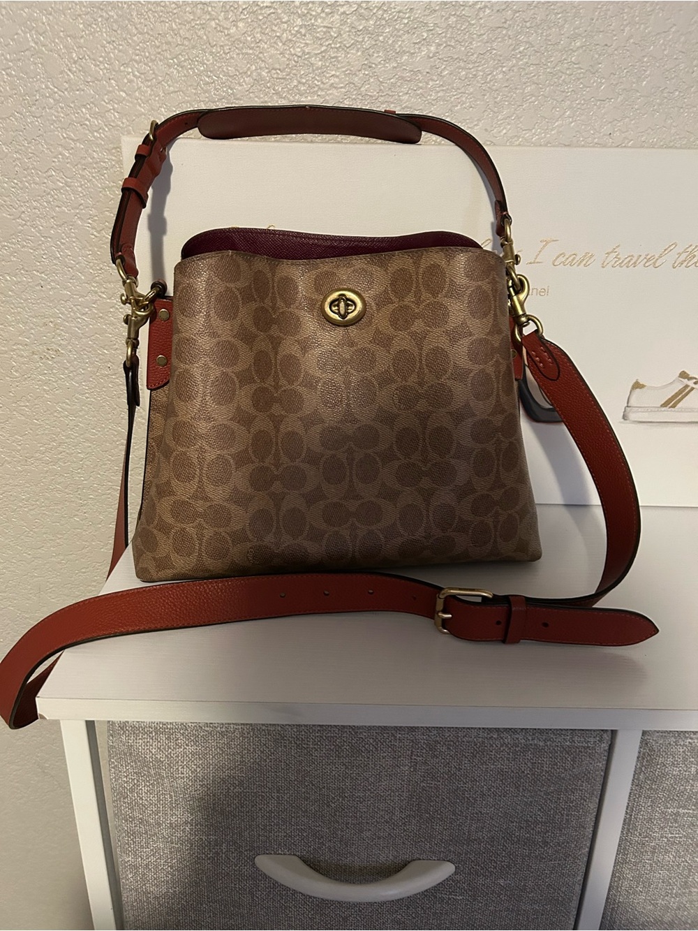 Coach Brown Signature Canvas Shoulder Bag with Rust Leather Trim